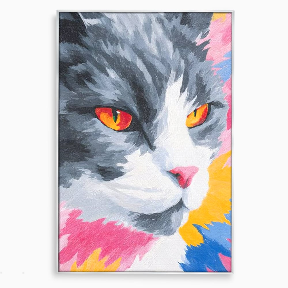Tablou canvas cu tablou canvas cu portret de pisica, in rama de aluminiu argintiu